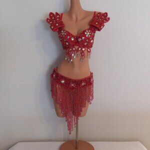 Red Embellished Bedazzled Two Piece Rave Outfit Belly Dancer